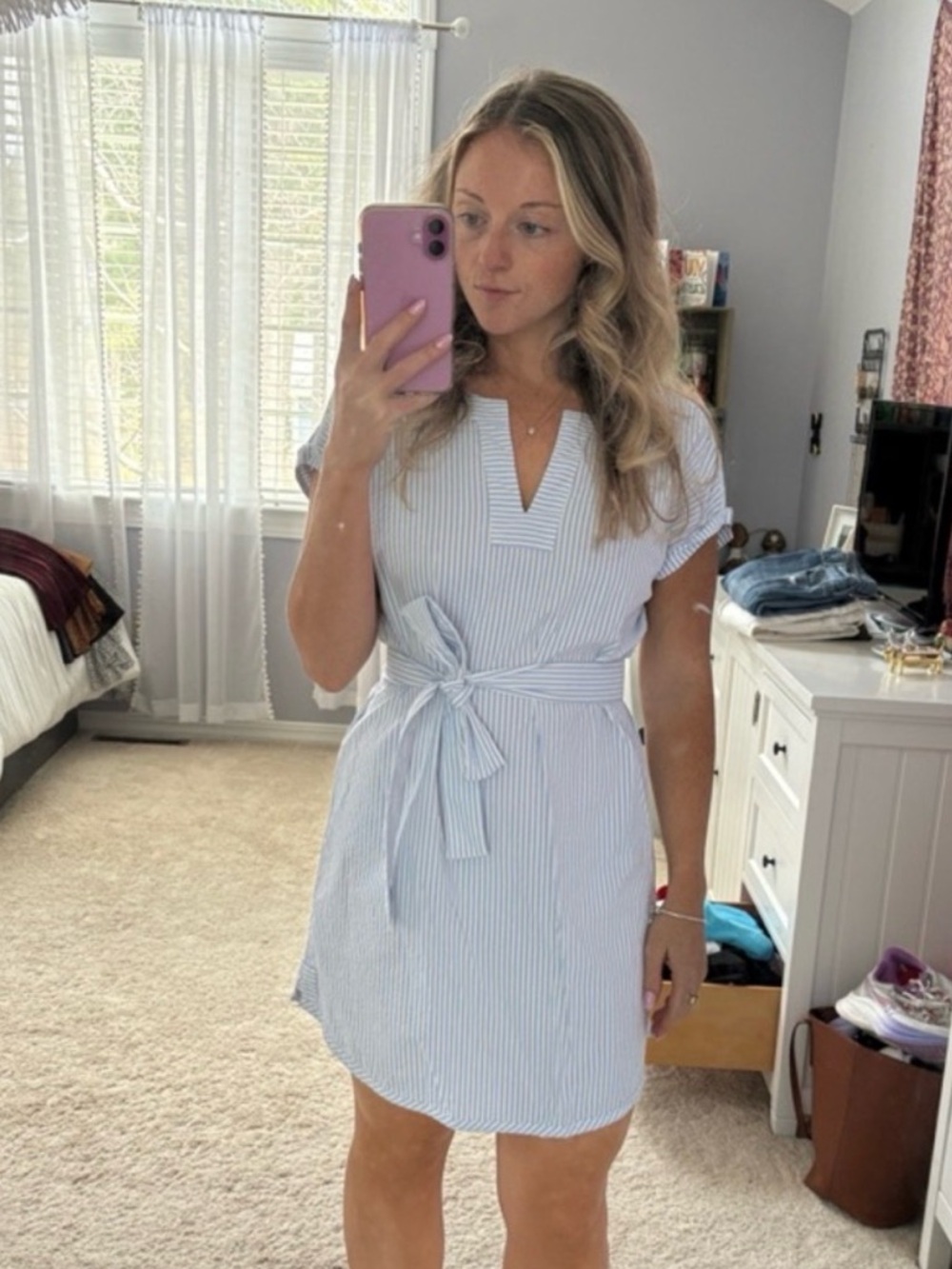 Vineyard Vines Performance Seersucker Pinstripe Blue White Dress Size M